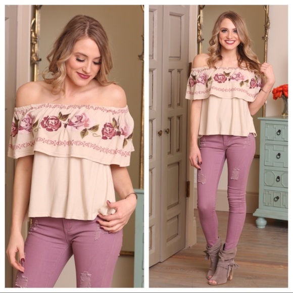 ⭐️ Taupe Embroidered Ruffle Off Shoulder Top - Picture 3 of 6